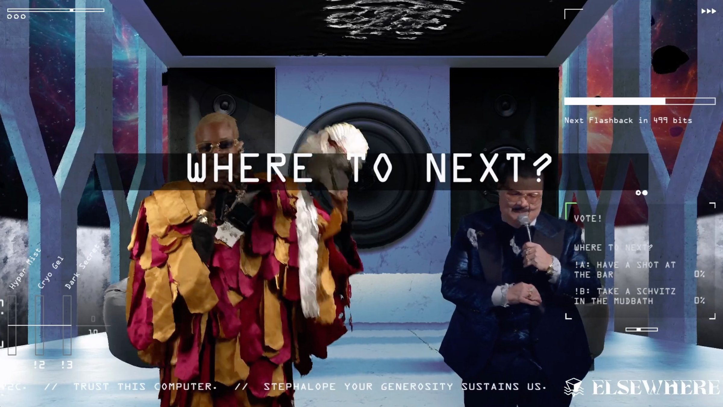 An onscreen time-limited binary vote for the audience to choose what happens next